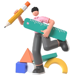 3D illustration of a cheerful student holding a large pencil and ruler, surrounded by colorful geometric shapes such as cubes, triangles, and arches, conveying a playful and creative learning environment